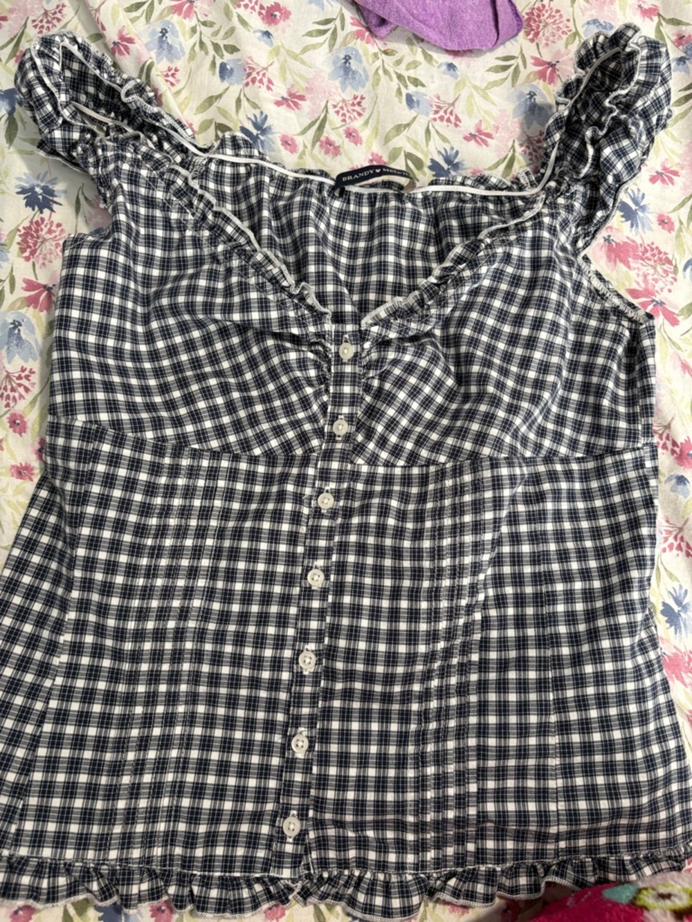 Brandy Melville Navy and White Plaid Button-Front Women's Top